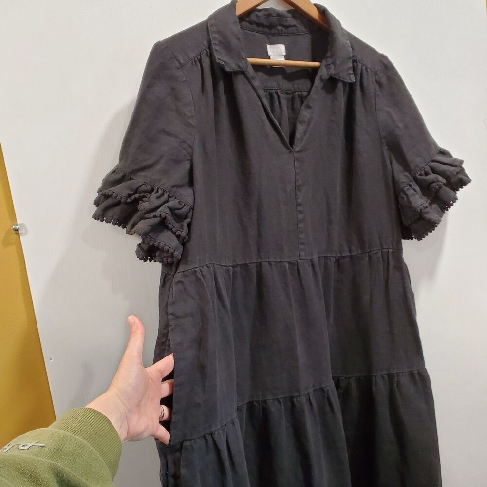 Chicos Dress 100% Linen Tiered Maxi Dress Size 2 Large Black Boho Lagenlook - Picture 6 of 7